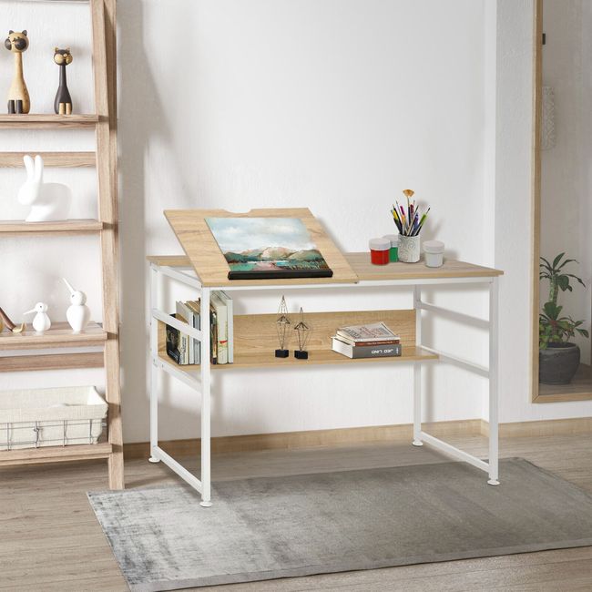 Tiltable Drafting Table Home Office Computer Desk w/ Open Shelf, Natural