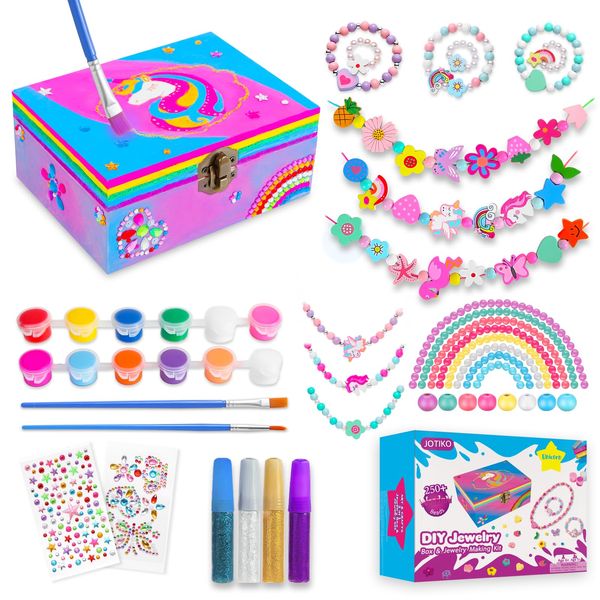 JOTIKO Art & Crafts for Kids Girls Age 6-8, Paint Your Own Jewelry Box Painting Kits, Unicorn Gifts Toys for Girls 4 5 6 7 8 9 10 12, 250+ Wooden Beads & Charms for Bracelets Jewelry Making Kit