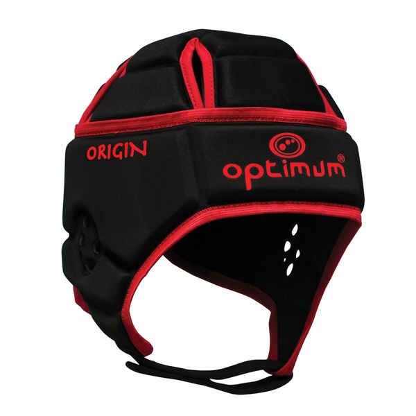 Optimum Senior Origin Rugby and Football Headguard - Full Coverage Scrum Cap | Breathable, Soft-Edged, Lightweight Sports Protective Headgear Black/Red, Small