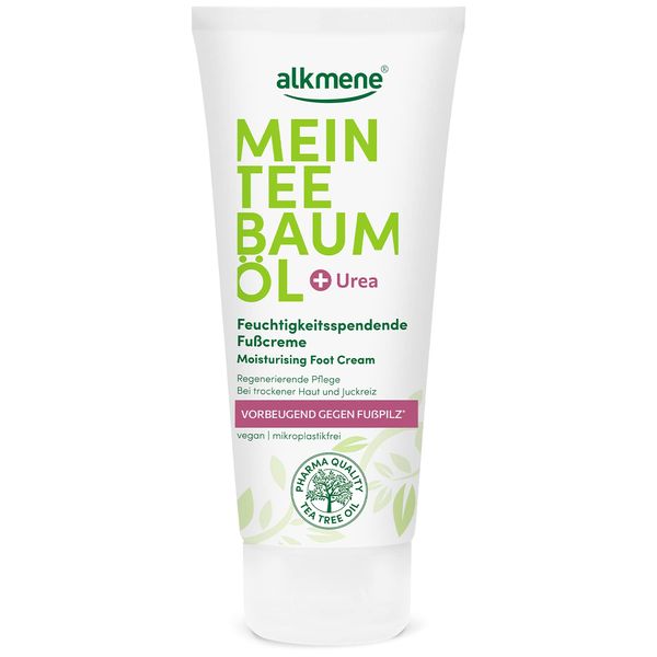 alkmene Mein Teebaumöl Fußcreme 100 ml vorbeugend gegen Fußpilz - Naturreines Teebaumöl, vegan & klimaneutral - Feuchtigkeitsspendende Fuß Creme mit Urea bei trockener Haut & Juckreiz