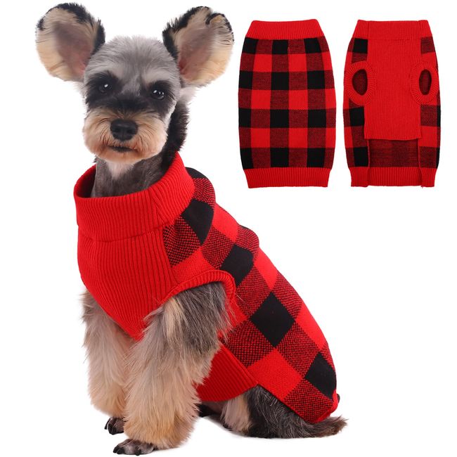 Kuoser Dog Sweater Pullover Knitwear, Dog Christmas Sweaters Classic Plaid Cable Knitted Wear, Dog Turtleneck Puppy Cold Weather Clothes for Small Medium Dogs