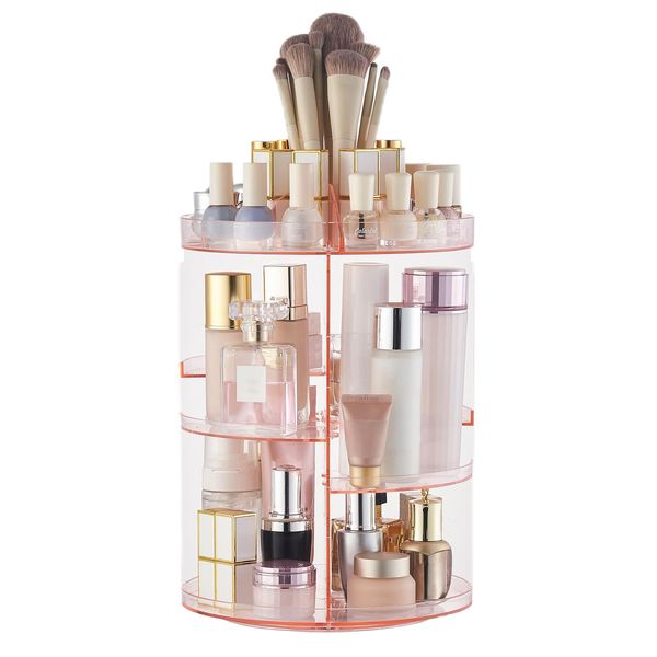 SUNFICON Rotating Makeup Organiser Pink Cosmetic Holder 360 Degree Spining Makeup Storage Box Display Stand Adjustable Tray for Vanity Acrylic Clear