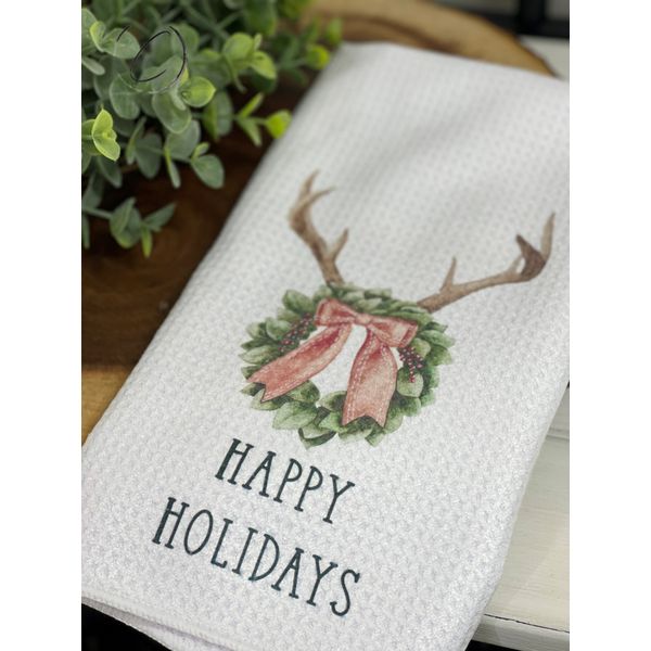 Happy Holidays Antlers Waffle Weave Tea Towel