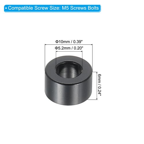 PATIKIL M5 Aluminum Spacers, 6 Pcs Metal Spacers Aluminum 5.2mm ID x 10mm OD x 6mm L Aluminum Spacer Screw Standoff Round for 1/5" or M5 Screw Bolts,Black