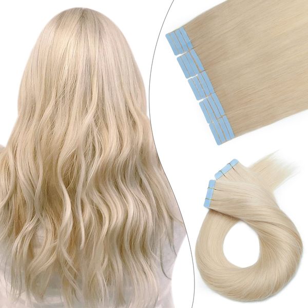 Elailite Tape Extensions Haarverlängerung - Invisible Tape Extensions Echthaar - 20PCS Tape in Extensions - glatt - 30cm 20g #60 Platinblond