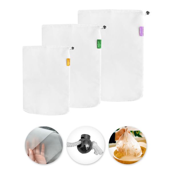 purifyou Premium Reusable Nut Milk Bags - Set of 3 (80, 160, 200 microns), Cold Brew Bags and Cheese Cloths, For Straining Tea and Fruit Juice, Reusable Shopping Bag and Produce Storage