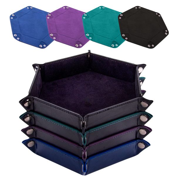 SIQUK 4 Pieces Dice Tray Hexagon Dice Rolling Tray Folding PU Leather Velvet Dice Tray for RPG DND and Other Dice Game (Black, Cyan, Violet, Royal Blue)