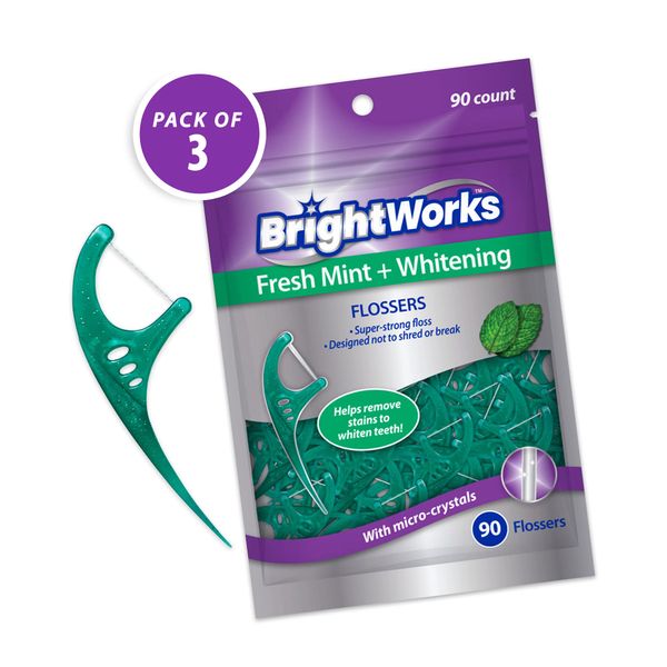 270 Piece BrightWorks Fresh Mint + Whitening Dental Flossers, with Super-Strong Floss for Adults, with Mint-Flavored Floss and Micro-Crystals, 90 Count (Pack of 3)