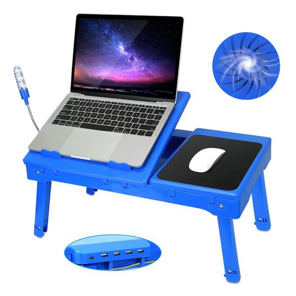 Foldable Laptop Table Bed Desk w/Cooling Fan Mouse Board LED 4 USB Ports Snacking Tray with Storage for Home Office - Blue