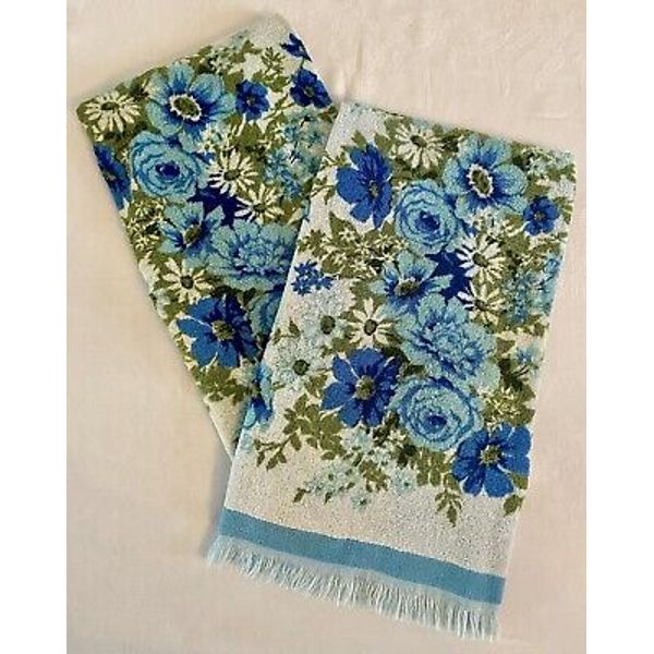 Vintage Cannon Blue Rose Floral Flower Fringe Bath Towel Set 2 MCM Reversible