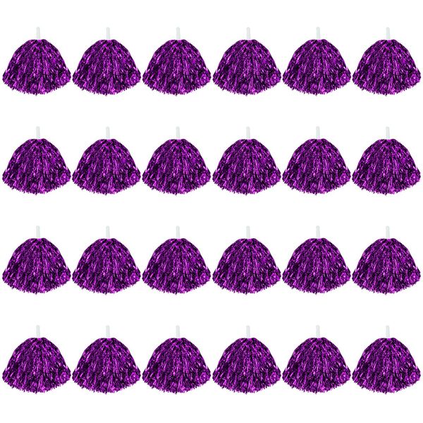 CUGBO 24Pcs Cheerleading Pom Poms, 1 Dozen Handle Metallic Foil Flower Ribbons Cheerleader Pompoms, Kids Children Ball Dance Sports Coaches Game Party Fancy (Purple)