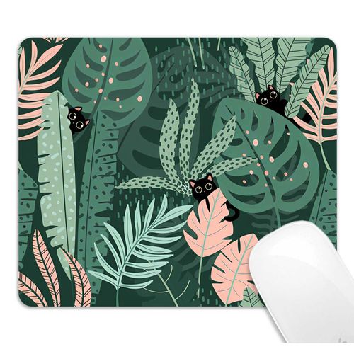 HUOCAIREN Tropical Leaves Cat Mouse Pad, Cute Boho Mousepad for Home Office, Anti-Slip Rubber Base for Office Home Computer & Laptop, Pink Green Leaves Mouse Mat, 9.5x7.9 in