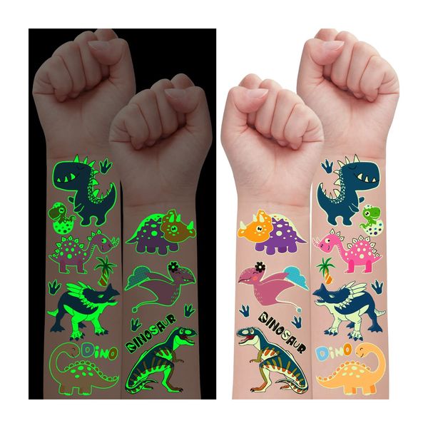 Leesgel 30 Sheets Luminous Dinosaur Tattoos for Kids, Dinosaur Stickers, Dinosaur Gifts Toys for Boys Glow Dinosaur Birthday Decorations Supplies, Dinosaur Game Sweets Party Bag Fillers