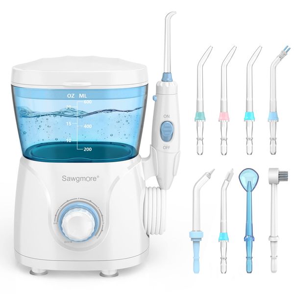 Sawgmore Elektrische Munddusche mit 10 Druckstufen und 8 Düsen，Professional Waterflosser für Zanreinigung，600ML Wassertank, Perfekt für die Familie