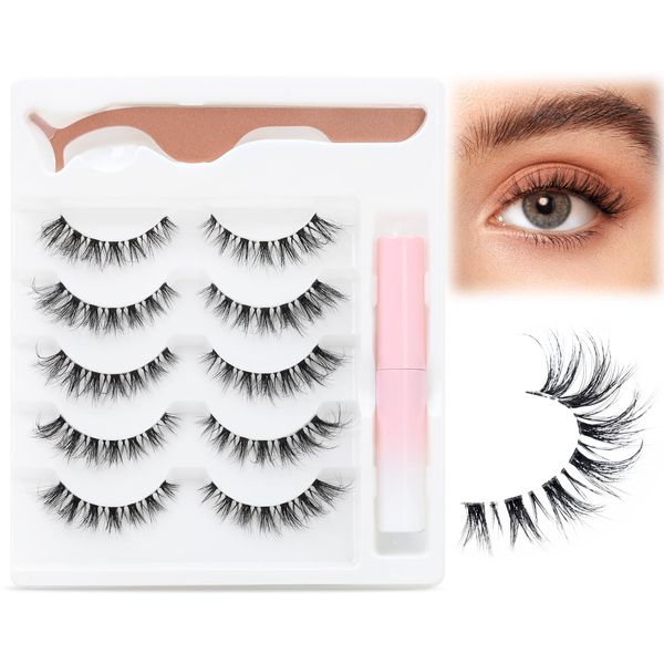 EMEDA False Eyelashes Natural Look with Lash Glue Kit 3D Wispy Short Pestañas Postizas Naturales False Eye Strip Lashes with Soft Clear Band 5 Pairs Cat Eye Fake lashes Pack (J03)