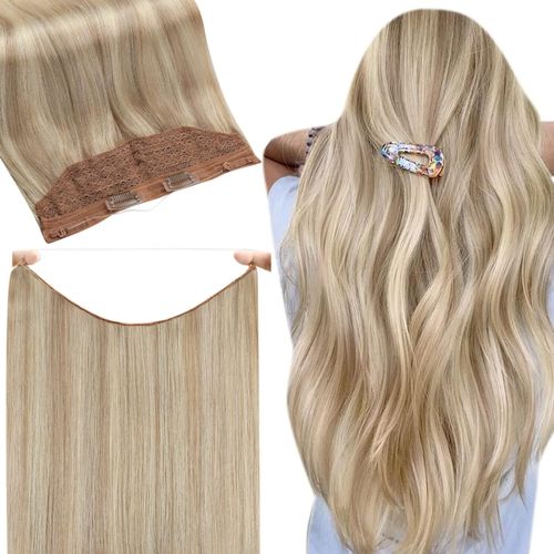 Fshine Secret Extensions Human Hair Wire Hairpieces Ash Blonde Highlighted Bleach Blonde 12Inch One Piece Clip in Real Hair Extensions Fish Line Layered Human Hair Extensions for Short 70Grams