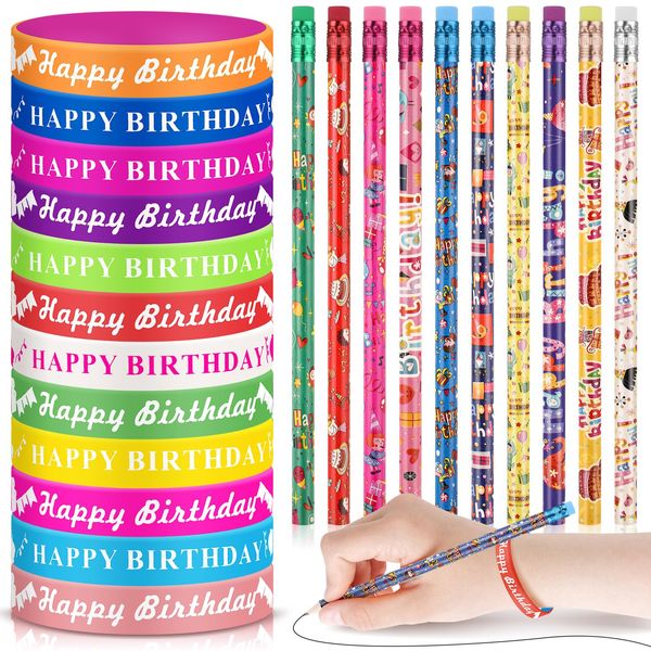 Sabary 48 Pcs Happy Birthday Pencils Rubber Bracelets Set Birthday Party Favors Birthday Pencils Silicone Wristbands Birthday Bracelet for Kids Students Teachers Classroom Reward Gifts (Bright Style)