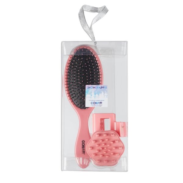 Conair Gift Set, Gift Box Under $20, Includes 1 Hair Brush, 1 Claw Clip, and 1 Scalp Massager in Pink