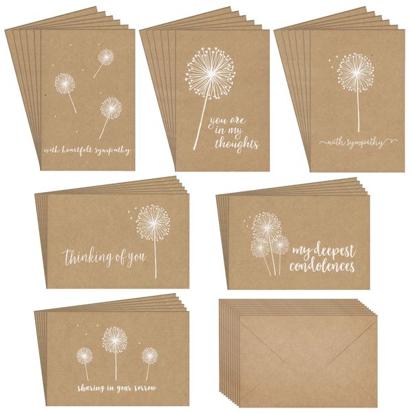 36 Pack Blank Sympathy Cards with Envelopes, Bulk Kraft Paper Condolence Cards with Envelopes for Bereavement, Thinking of You, White Dandelion Design, Blank Inside (4x6 In)