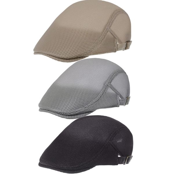 3 Pieces Mesh Newsboy Cap Mesh Breathable Summer Cap Adjustable Newsboy Beret Cap Cabbie Flat Cap (Khaki, Light Gray, Black)