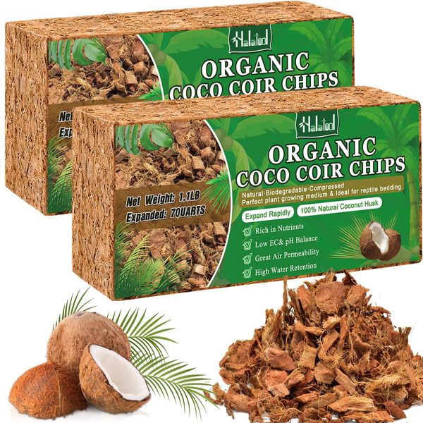 2 Pcs Coconut Coir Chips for Plants - 2.2 LB 100% Organic Coco Husk Chip Bricks
