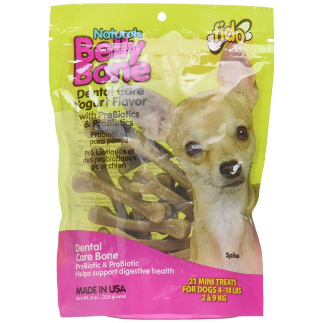 Fido Dental Care Belly Bones for Dogs, Yogurt Flavor - 21 Mini Treats - Safely Digestible Chew That Promotes Plaque and Tartar Control-Helps to Support Your Dog’s Digestive Health