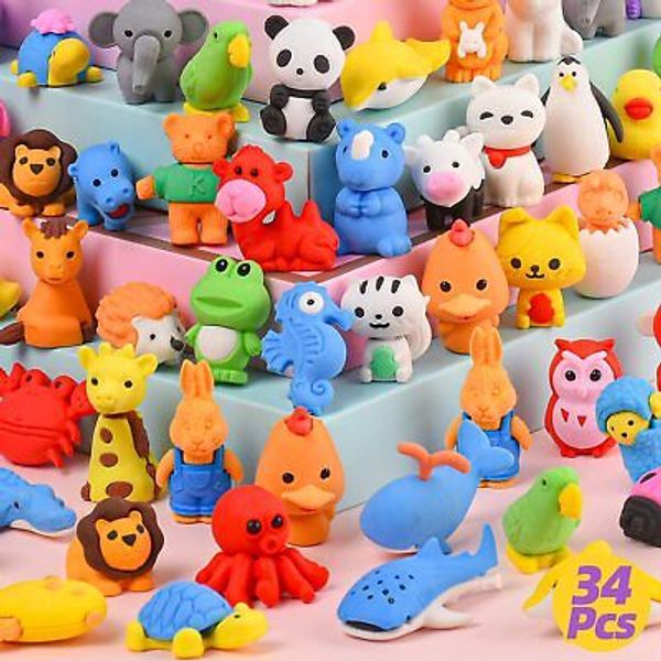 34Pcs Animal Erasers for Kids Desk Pets Pencil Erasers Puzzle Erasers Animals