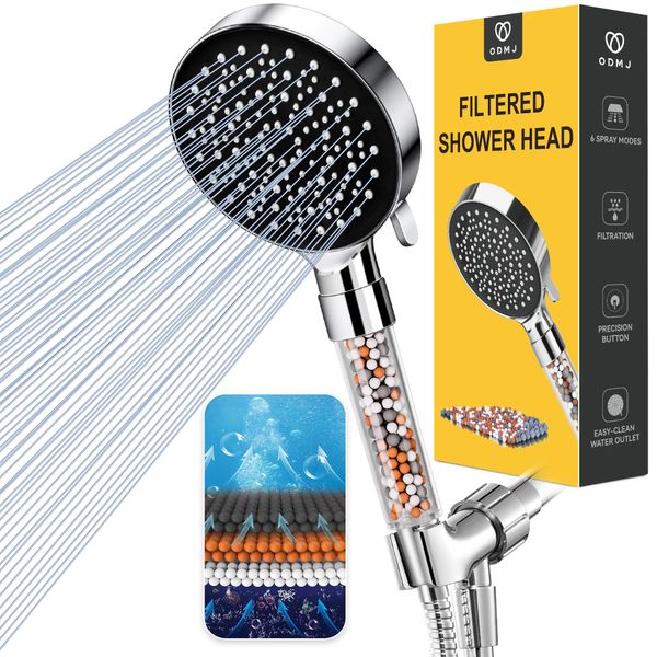 ODMJ Filtered Shower Head, High Pressure Shower Head with 6 Settings, Handheld Shower Head with 59" Hose and Bracket, Shower Head Filter for Hard Water, Water Saving Spray Soft Spa Shower Head