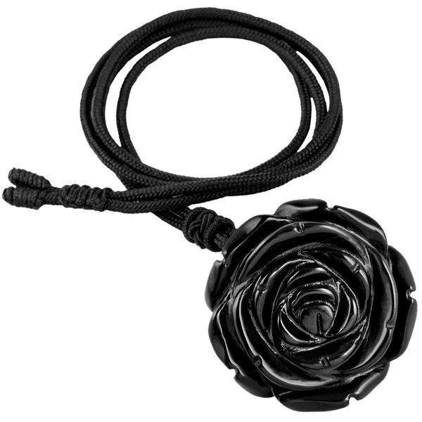 KYEYGWO Handmade Engraved Rose Flower Crystal Stone Necklace for Women, Obsidian Energy Gemstone Pendant with Adjustable Cord 27"