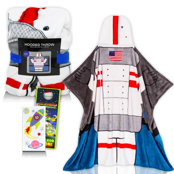 Space Cadet NASA Astronaut Hooded Throw Blanket for Kids, Toddlers - Bundle Including Astronaut Throw Blanket, Spaceship Stickers, and More (Space Blanket for Kids)