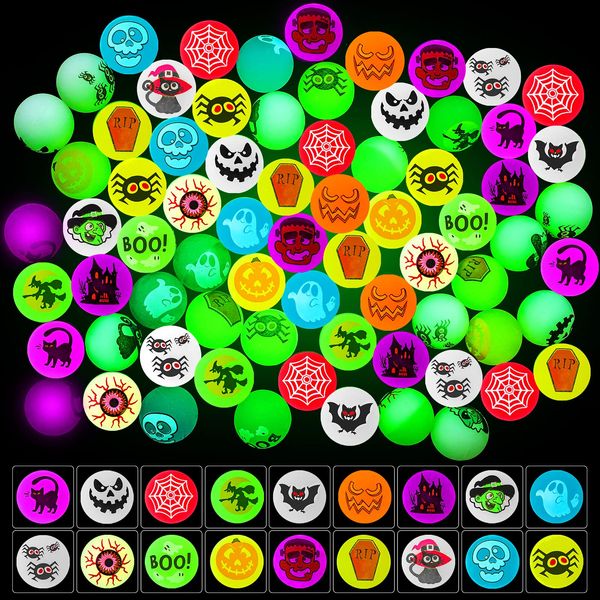 MGparty Halloween Toys Bulk 72 PCS Glow in The Dark Bouncy Balls 18 Designs Bouncing Balls Halloween Party Favors for Kids, Halloween Game Supplies, Trick or Treating Goodies