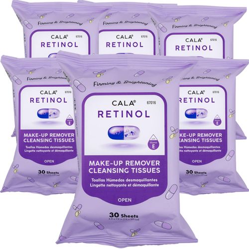 CALA Makeup Remover Cleansing Tissues: Retinol (30 Sheets) - Anti-Aging, Hydrating Wipes for a Smooth, Radiant Complexion, Gentle on All Skin Types (180 count, Retinol, Pack of 6)