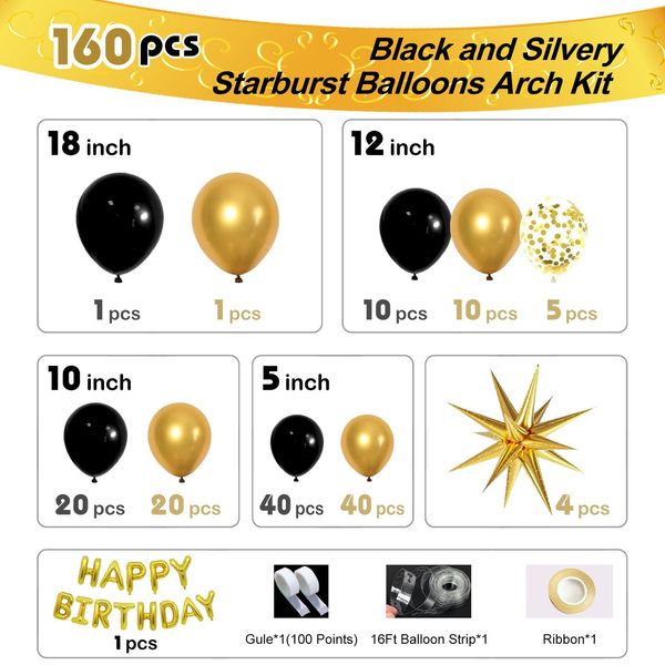 160PCS Black and Gold Balloons Garland Arch Kit 5/10/12/18 Balloon Arch Kit Graduation New Year Anniversary Birthday Party Decorations,Reusable Balloons Women, Men Birthday Decoration Party Supplies