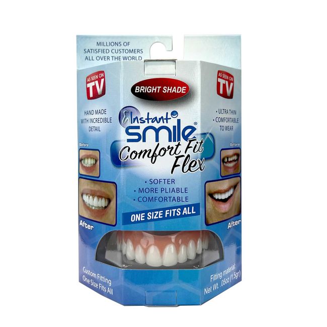 Instant Smile Comfort Fit Flex Cosmetic Upper Teeth, Bright White Shade, Comfortable Upper Veneer for Extended Wear, Teeth Veneers for Men and Women, 1 Size Fits Most