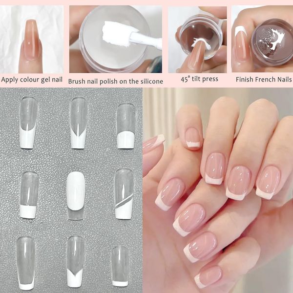 French Manicure Kit, 3PCS French Tip Stamp Nail Stamper Pink Gel Nail Polish White Gel Liner Nail Polish, Silicone Nail Stamp Nail Scraper Nail Art Tools Jelly French Gel Polish Kit