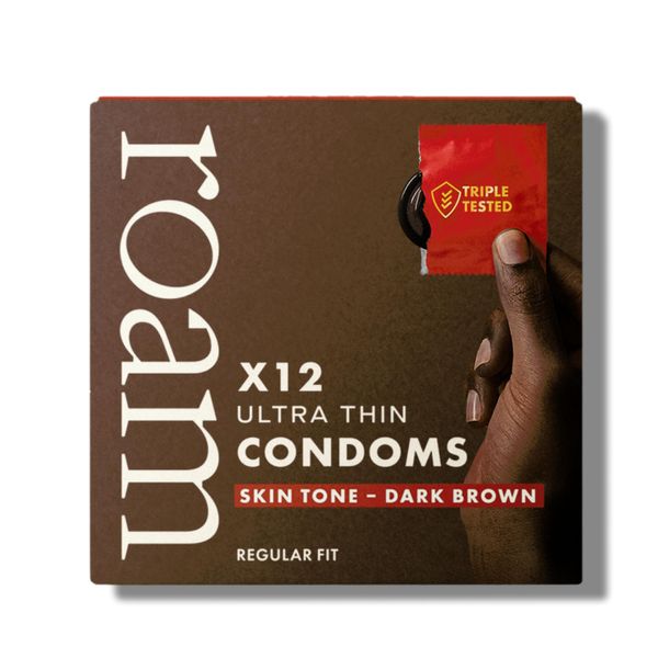 Roam Skin Tone Ultra Thin Condoms, Regular Fit Condom for Safer Sex and Contraception, 100% Vegan and Generously Lubricated for Skin Feel Experience - 12 Pack Dark Brown Condoms