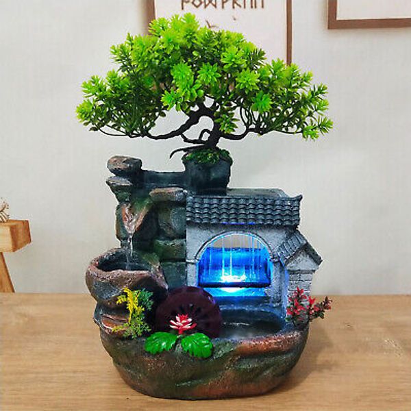 Desktop Water Fountain Waterfall Ornament Office Home Indoor Decor W/ Light LED