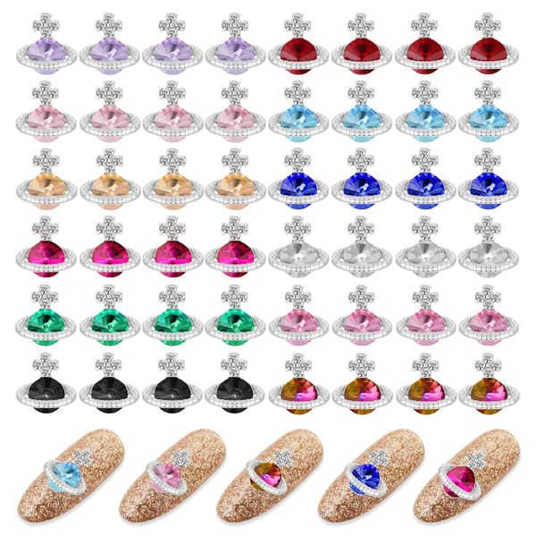 WLLHYF 48Pcs Planet Nail Rhinestones Charms, Alloy Diamond Crystal Luxury Nail Charms 3D Shiny Saturn Shape Nail Art DIY Crafts Nail Art Accessories for Women Girls