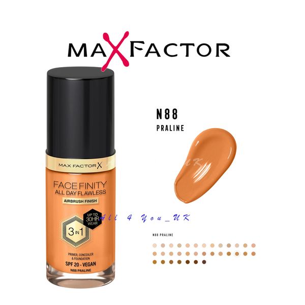 MAX FACTOR FACEFINITY ALL DAY FLAWLESS 3 IN 1 VEGAN FOUNDATION SPF20 N88 PRALINE