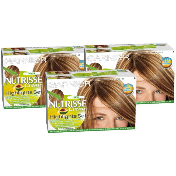 Garnier Strähnchen Set, Creme Highlights Set 1 für helle Strähnchen, Strähnen Set zum selber machen für hellblondes Haar (mit Avocado-Öl), Nutrisse, Hellblond, 3 Stück