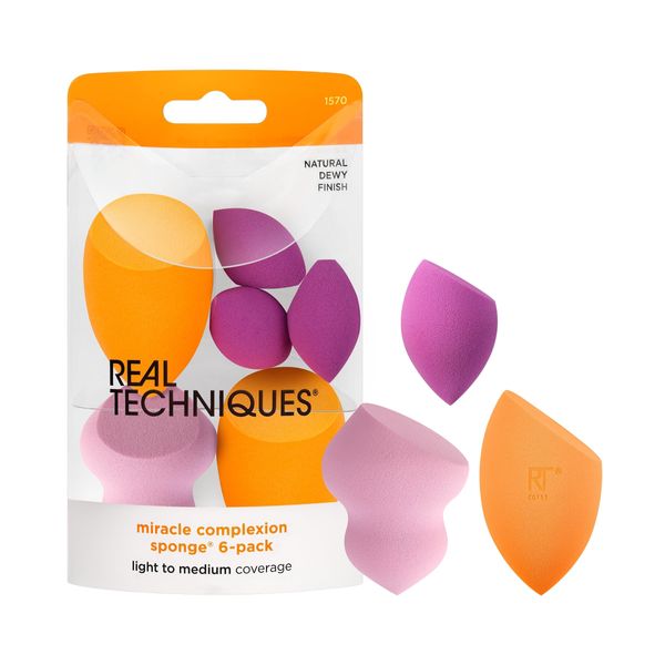 Real Techniques Miracle Complexion Assorted Beauty Sponges Makeup Blender, For Blending & Sculpting, Full Coverage, Professional Makeup Tool, Cruelty Free, Vegan, Latex Free, 6 Piece Sponge Set