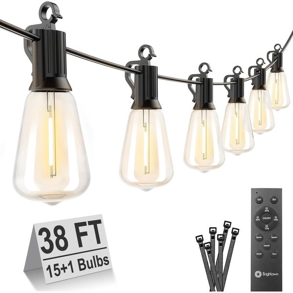 Brightown Outdoor String Lights with Remote, 38FT LED Patio Lights with 16 Shatterproof ST38 LED Bulbs, Waterproof Outside Hanging Lights for Backyard Garden Porch Party Decor, 2700K