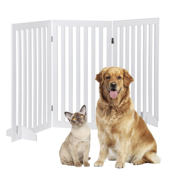 Freestanding Pet Gate Wooden Dog Gate with 2 Support Feet Foldable 36"H 3 Panels