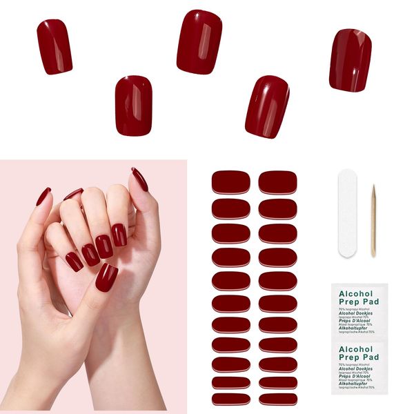 Semi Cured Gel Nail Strips,Gel Nail Stickers,Glossy Nail Wraps 20 Stickers,Works With UV Light,Gel Nail Wraps, Salon Quality & Easy To Use (red)