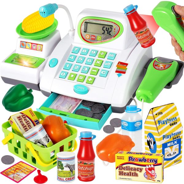 HERSITY Kids Toy Cash Register with Scanner and Microphone, Pretend Play Money Electronic Calculator Realistic Children's Supermarket Cashier Gifts for 3 4 5 Years Old Toddlers Boys Girls