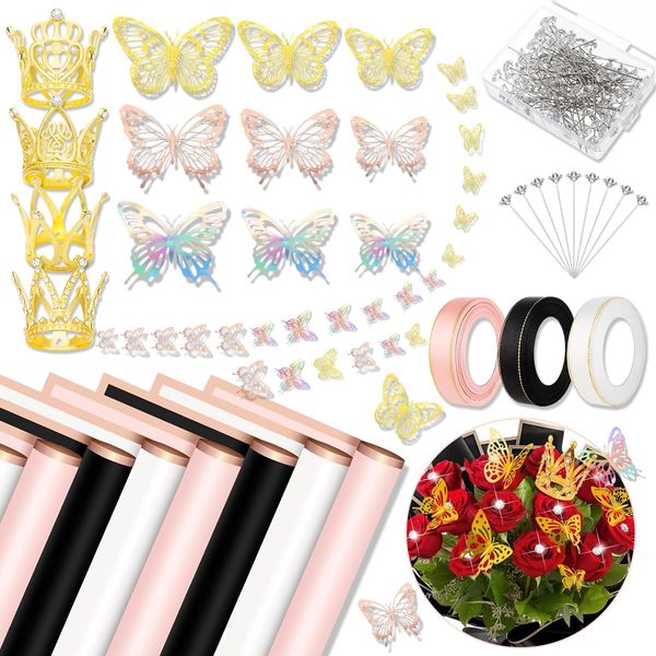 Bouquet Wrapping Paper Kits, 60Sheets Waterproof Flower Wrapping Paper, Floral Wrapping Paper Bouquet in Black Pink Beige With Ribbons, Flower Pins, 3D Butterflies & Crowns for Florist Wrap