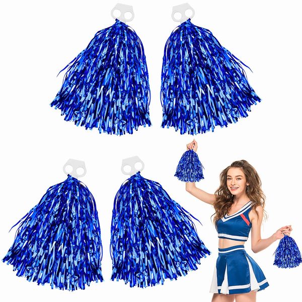 Cheerleading Pom Poms 4 Pack Cheerleader Squad Spirited Fun Pompoms Pom Poms Cheer Poms Hand Flowers Metallic Foil Pompoms for Kids Adults Sports Team Spirit Cheering Party Dance (Blue)