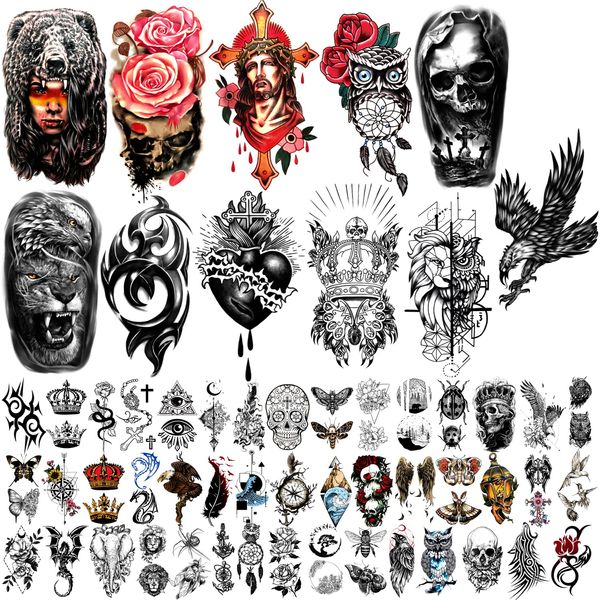 Temporary Tattoos 56 Sheets for Adults Men Women, 11 Sheets Large Eagle Crowns Animals Skeleton Totem Half Arm Sleeve Tattoos, 45 Sheets Tiny Fake Tattoos Stickers for Teens Body Forearm