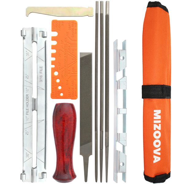 MIZOOVA - 10 Piece Chainsaw Sharpener File Kit with 4.0-4.8 - 5.5 mm Round Files, 6 Inch Flat File, Depth Gauge, Filing Guide Holder, Hardwood Handle