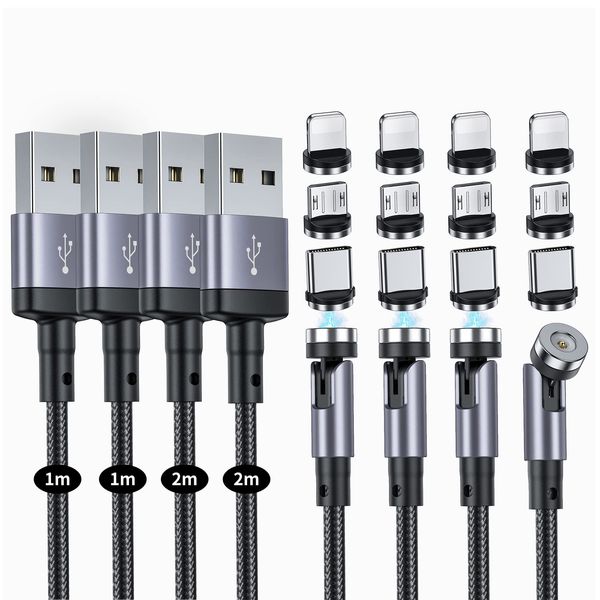 SUNTAIHO Magnetic Charging Cable, 3-in-1 USB Magnetic Cable, 4 Pieces (1M+1M+2M+2M), 360° + 180° Rotation, Magnetic, Dustproof, Removable, Lightnig, Micro USB Type-C Connector, Rapid Charger, Android Compatible, etc. - DZCX - Black